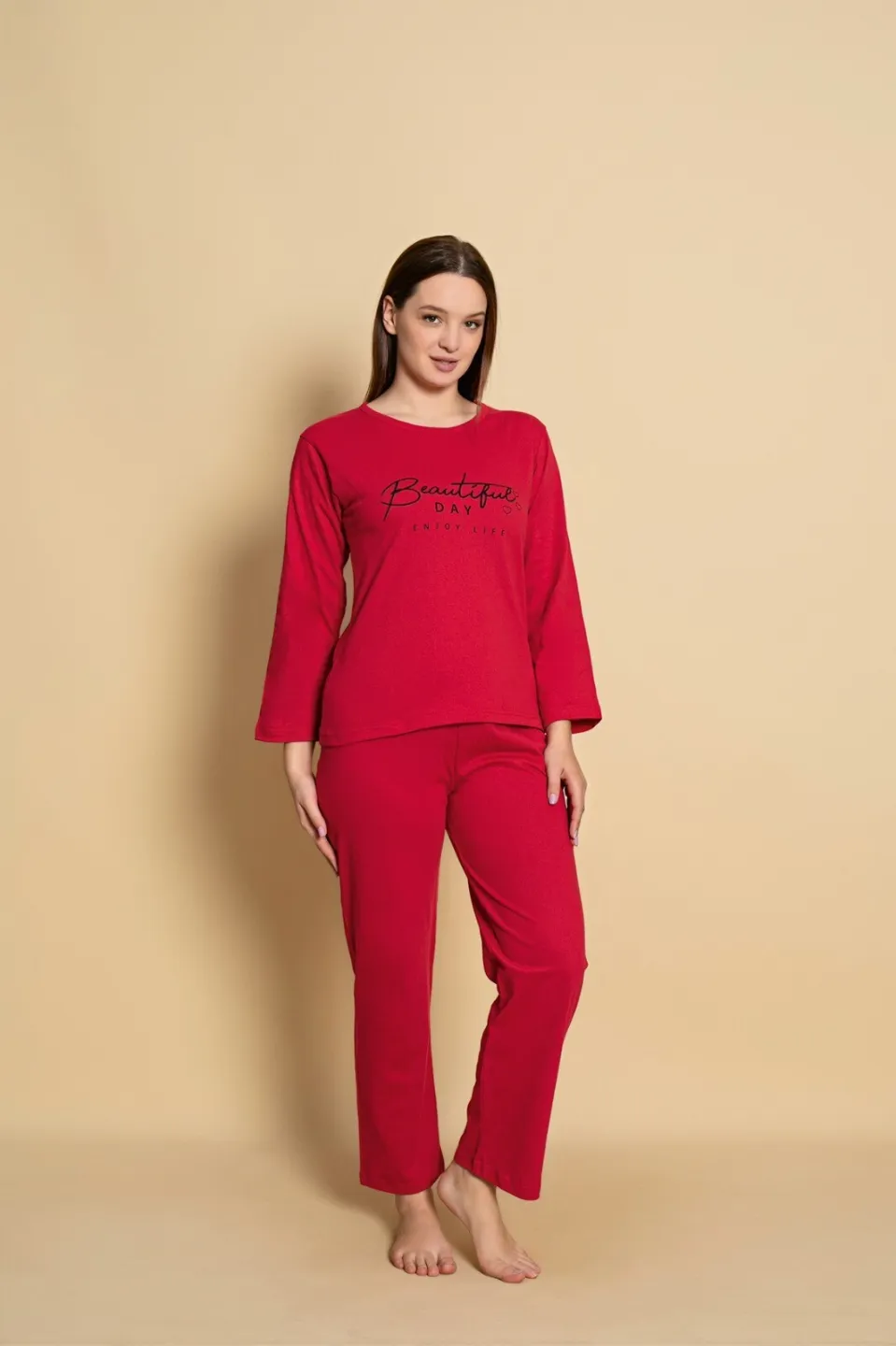 Pijama Beautiful Day damă Bumbac roșu mânecă lungă și pantaloni lungi - 3