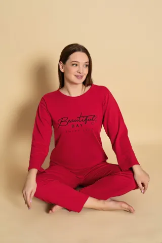 Pijama Beautiful Day damă Bumbac roșu mânecă lungă și pantaloni lungi