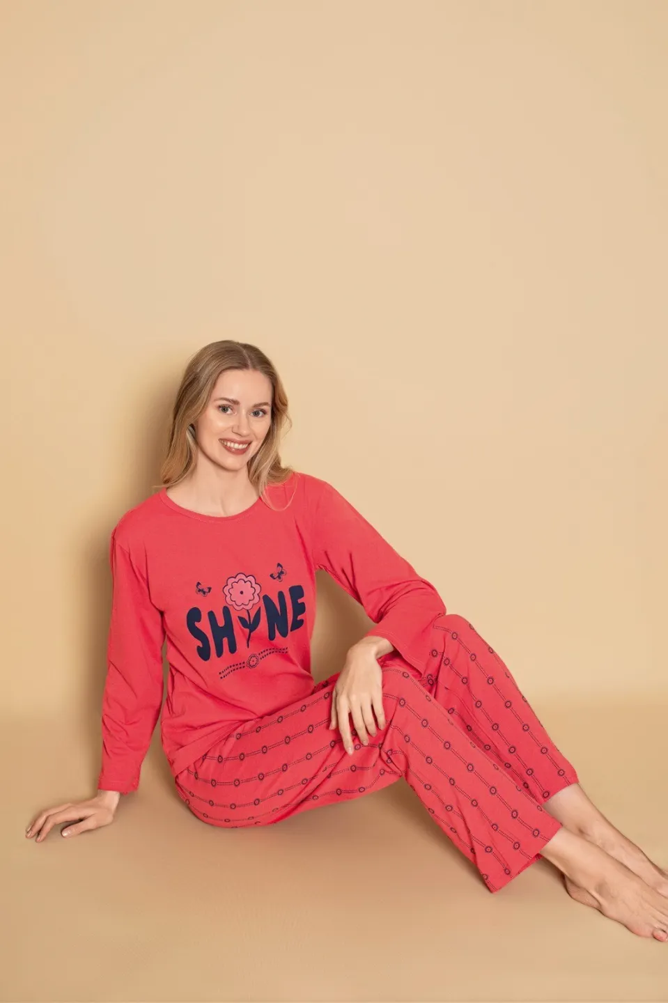Pijama damă Roșie Shine – Confortabilă, Bumbac, Mânecă Lungă și Pantaloni Lungi - 2
