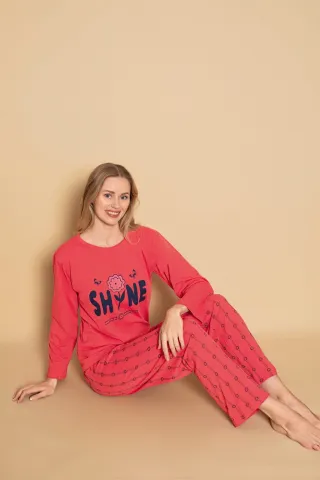 Pijama damă Roșie Shine – Confortabilă, Bumbac, Mânecă Lungă și Pantaloni Lungi hover