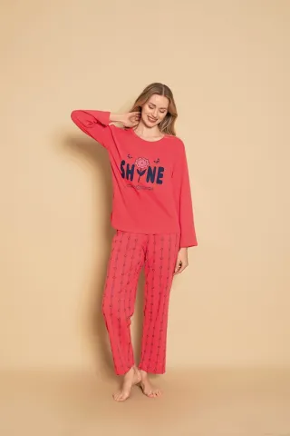 Pijama damă Roșie Shine – Confortabilă, Bumbac, Mânecă Lungă și Pantaloni Lungi