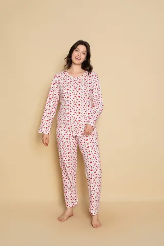 Pijama damă – Design Romantic cu Inimioare, Mânecă Lungă și Pantaloni Lungi hover