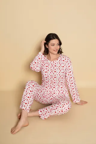 Pijama damă – Design Romantic cu Inimioare, Mânecă Lungă și Pantaloni Lungi