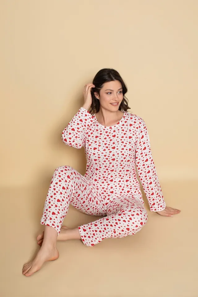 Pijama damă – Design Romantic cu Inimioare, Mânecă Lungă și Pantaloni Lungi