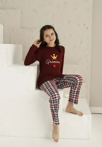 Pijama Fete, Bordo, Mânecă Lungă si Pantaloni Lungi, Imprimeu Princes