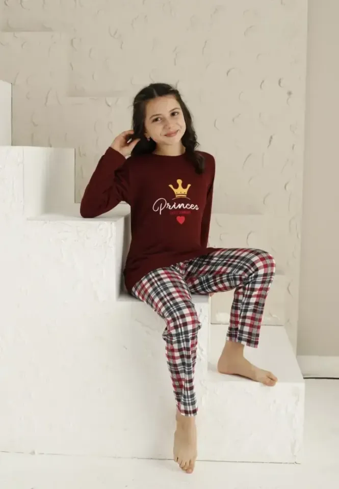 Pijama Fete, Bordo, Mânecă Lungă si Pantaloni Lungi, Imprimeu Princes