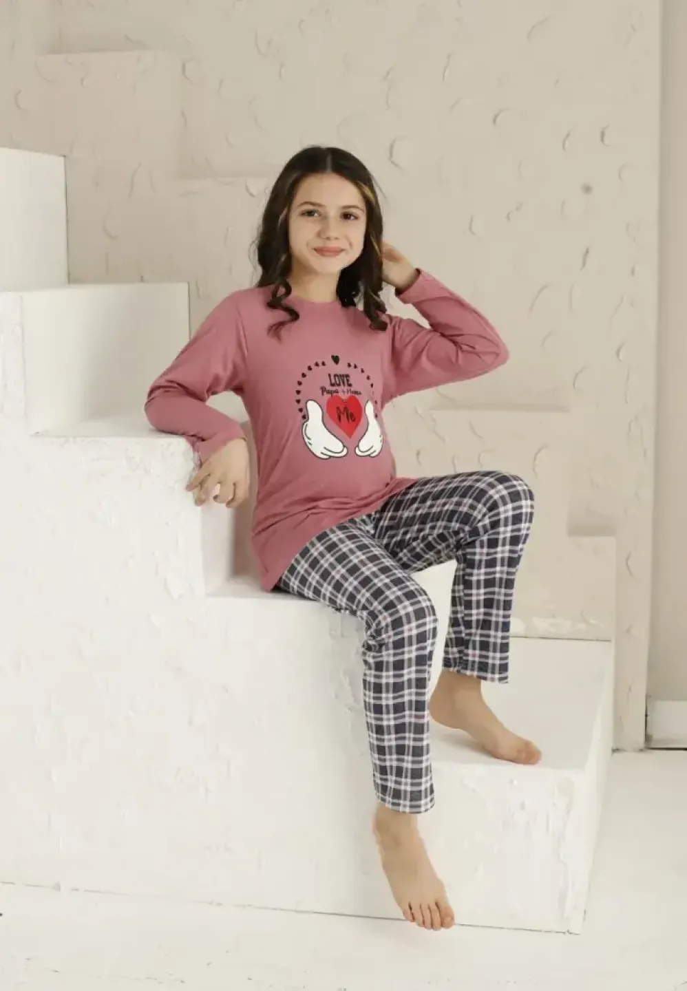Pijama fete, roz închis, imprimeu Love, pijama confortabilă cu mânecă lungă și pantaloni lungi - 2