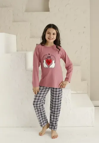 Pijama fete, roz închis, imprimeu Love, pijama confortabilă cu mânecă lungă și pantaloni lungi