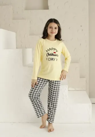 Pijama fete, Children Day, culoare galben, cu mânecă lungă și pantaloni lungi