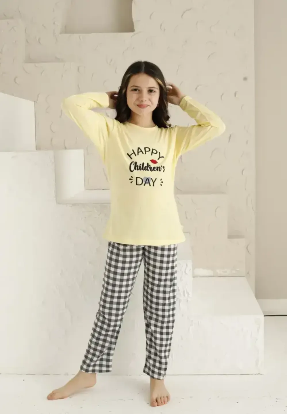 Pijama fete, Children Day, culoare galben, cu mânecă lungă și pantaloni lungi - 3