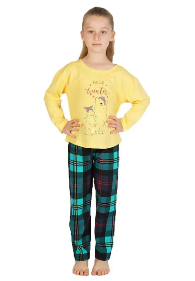 Pijama fete, Hello Winter, culoare galben, mânecă lungă și pantaloni lungi