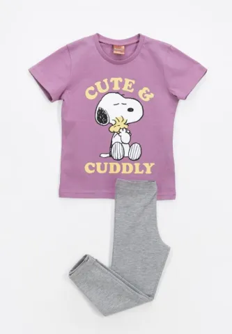 Pijama fete maneca scurta+colanti snoppy mov