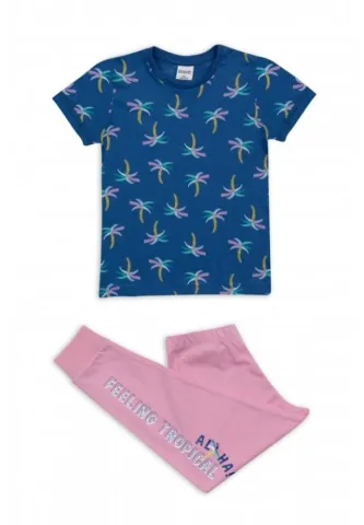 Pijama fete, pantaloni lungi și tricou cu mânecă scurtă, model palmieri