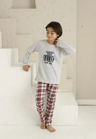 Pijama băieți, gri, mânecă lungă și pantaloni lungi, design Super Kids