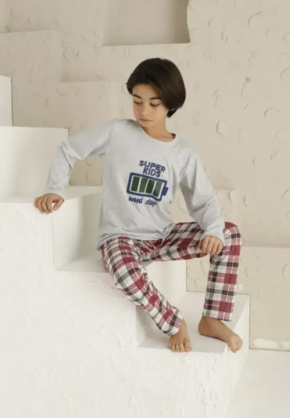 Pijama băieți, gri, mânecă lungă și pantaloni lungi, design Super Kids - 3