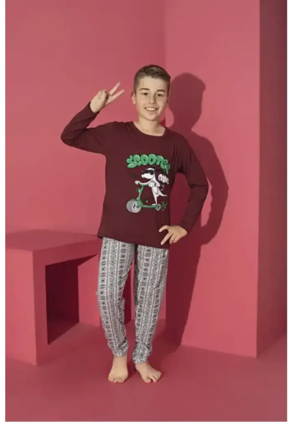 Pijama băieți, Scooter, bordo, mânecă lungă și pantaloni lungi - 1