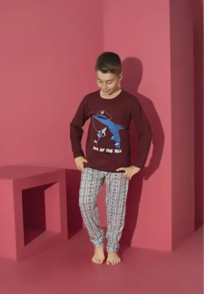 Pijama băieți, King Of The Sea, bordo, mânecă lungă și pantaloni lungi