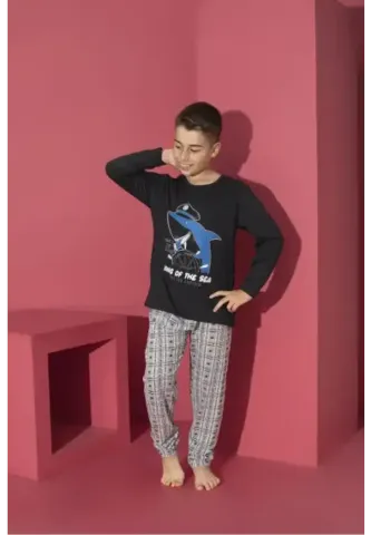 Pijama băieți, King Of The Sea, negru, mânecă lungă și pantaloni lungi