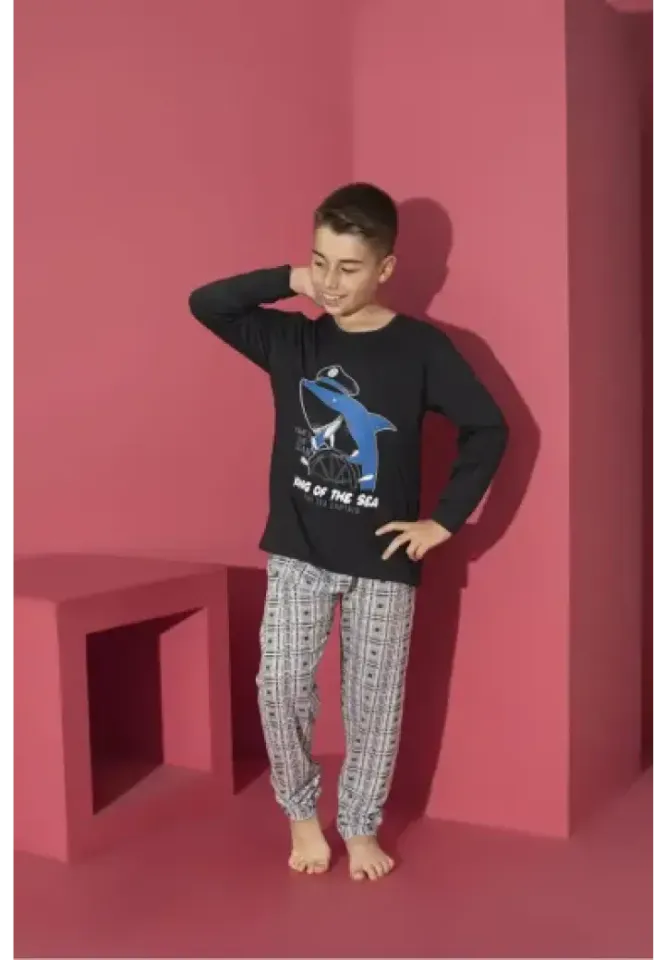 Pijama băieți, King Of The Sea, negru, mânecă lungă și pantaloni lungi