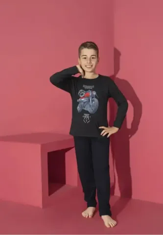 Pijama băieți, Motoretă, negru, mânecă lungă și pantaloni lungi