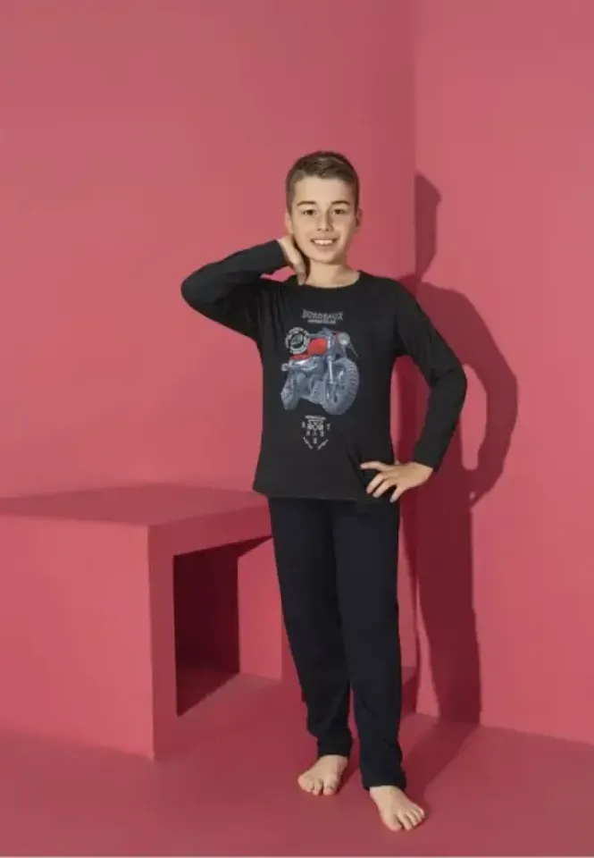 Pijama băieți, Motoretă, negru, mânecă lungă și pantaloni lungi