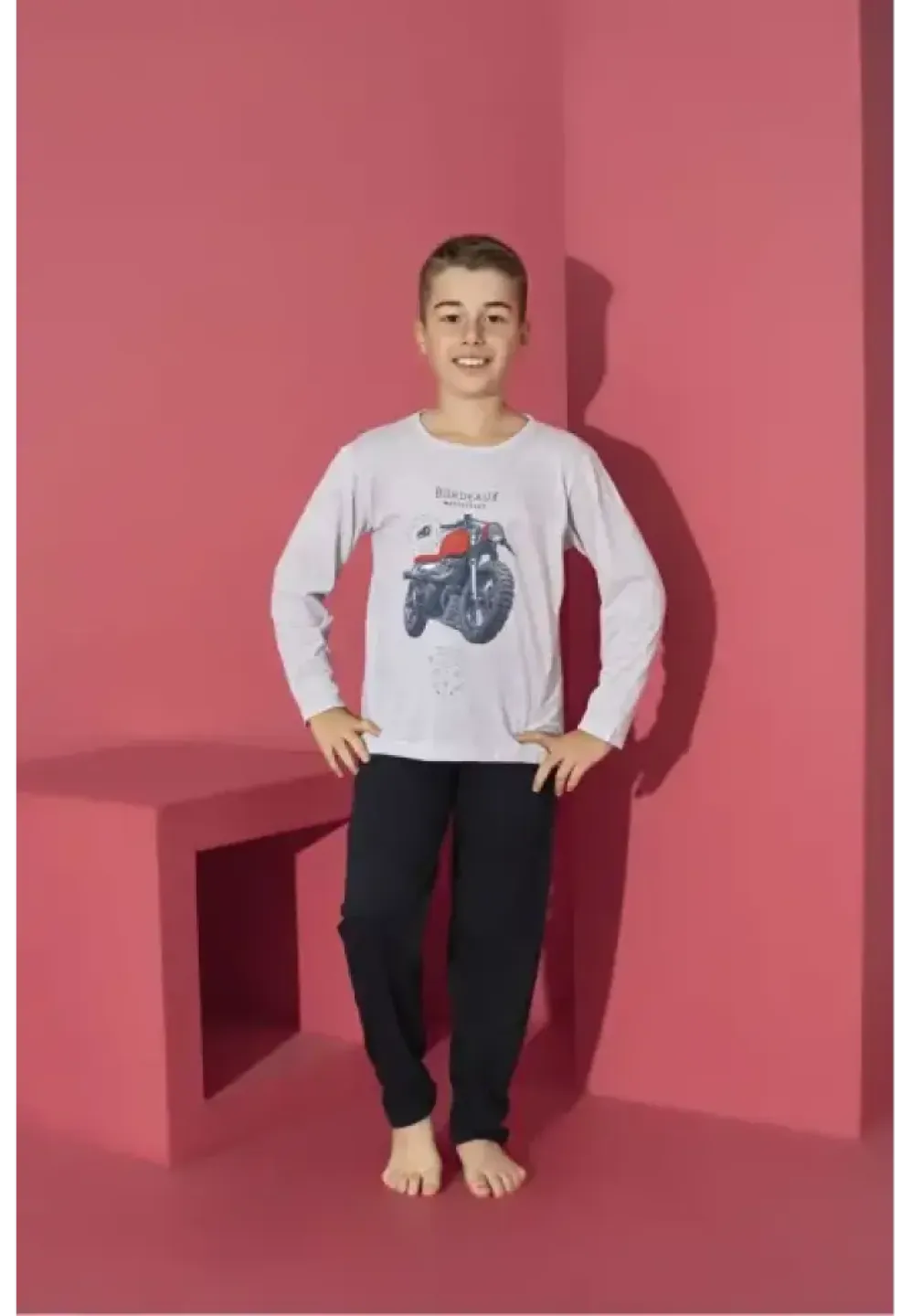 Pijama băieți, Motoretă, gri, mânecă lungă și pantaloni lungi - 1