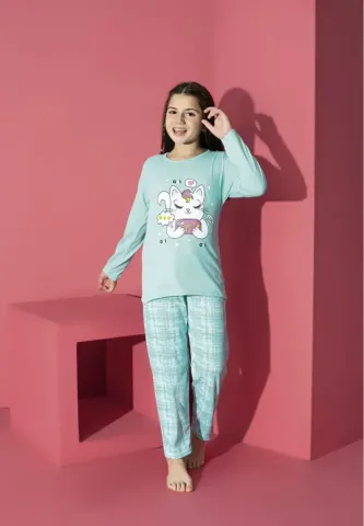 Pijama Fete,Mânecă Lungă,Pantaloni Lungi,Pisicuta,Blue