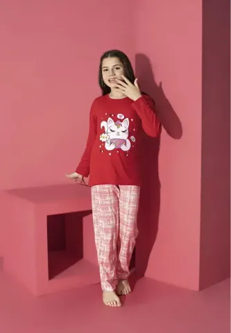 Pijama Fete,Mânecă Lungă,Pantaloni Lungi,Pisicuta,Rosu