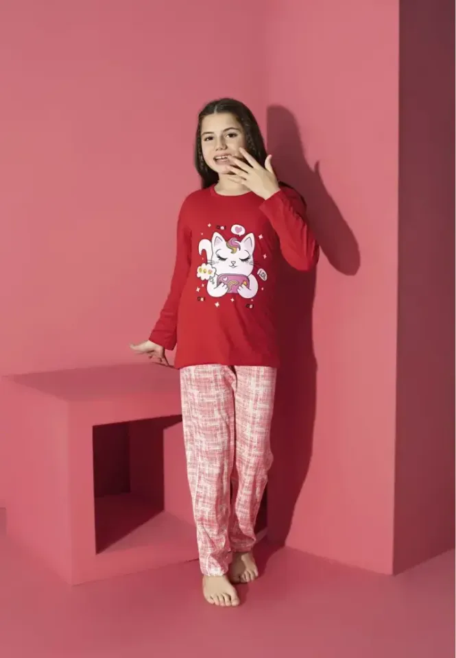 Pijama Fete, Mânecă Lungă, Pantaloni Lungi, Pisicuța, Roșu, Design Drăgălaș