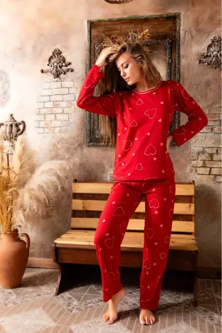 Pijama damă bumbac roșu, set lung cu imprimeu cu inimioare