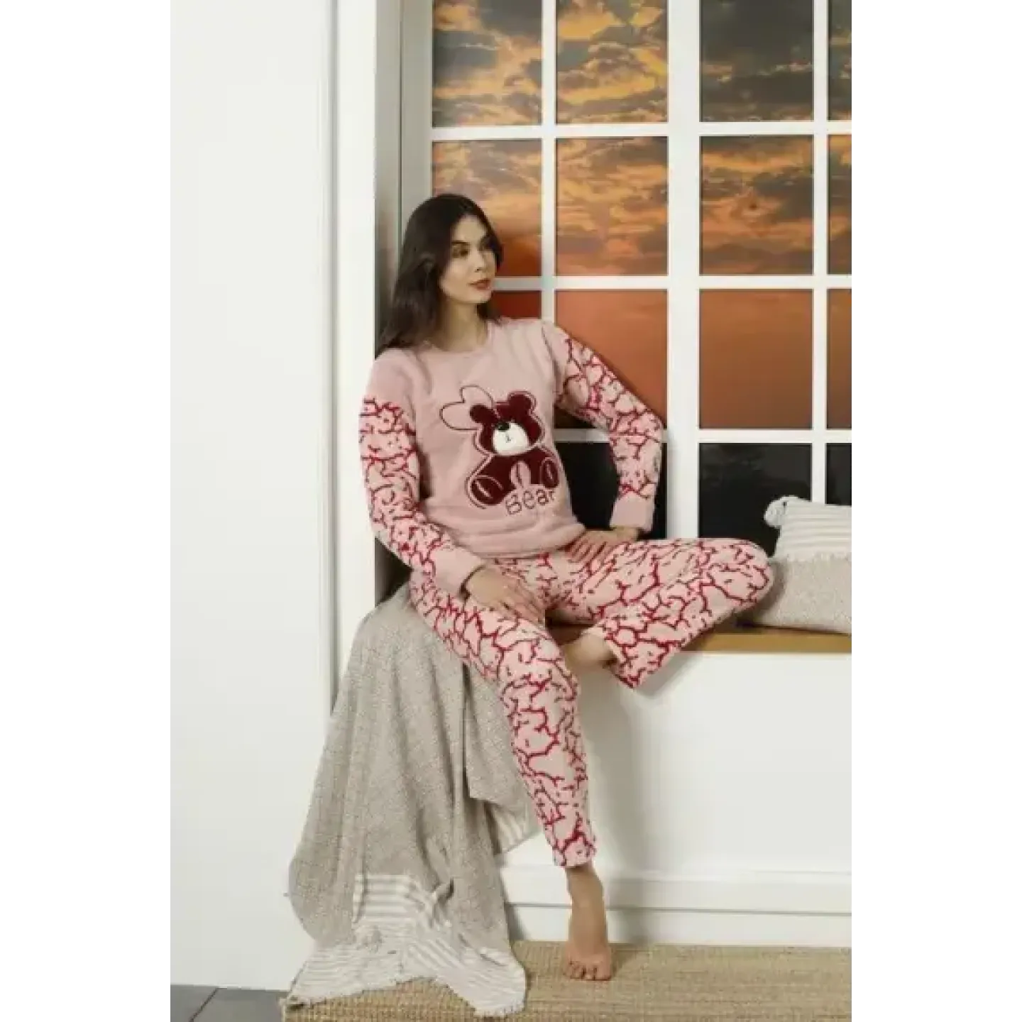 Pijama damă cocolino, confortabilă și moale, roz, cu imprimeu urs - 1