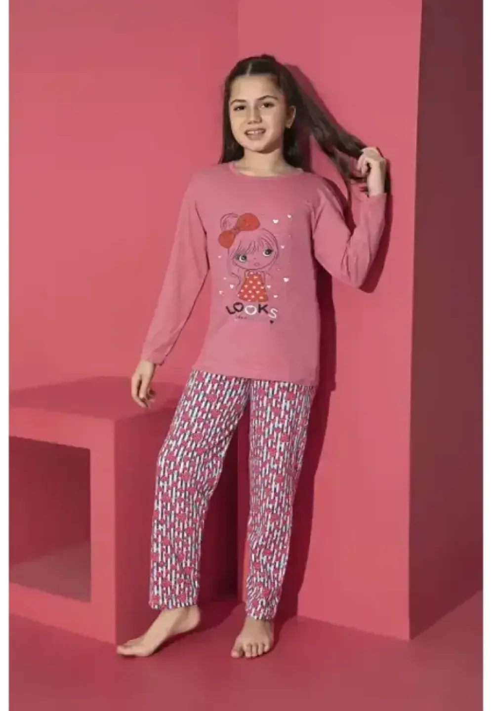 Pijama fete roz închis, mânecă lungă și pantaloni lungi cu model Looks - 1