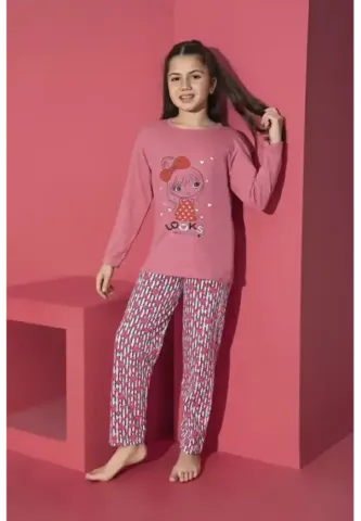 Pijama fete roz închis, mânecă lungă și pantaloni lungi cu model Looks