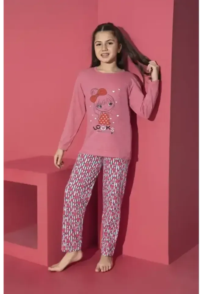 Pijama fete roz închis, mânecă lungă și pantaloni lungi cu model Looks