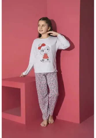 Pijama fete gri cu mânecă lungă și pantaloni lungi, model Looks
