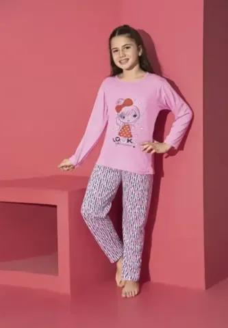 Pijama fete roz cu mânecă lungă și pantaloni lungi, model Looks