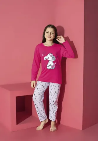 Pijama fete fucsia cu mânecă lungă și pantaloni lungi, model elefant