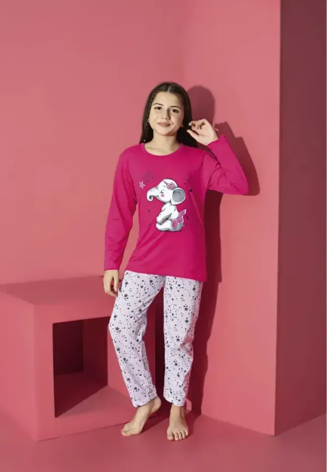 Pijama fete fucsia cu mânecă lungă și pantaloni lungi, model elefant