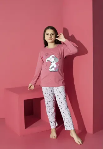 Pijama fete roz deschis cu mânecă lungă și pantaloni lungi, model elefant