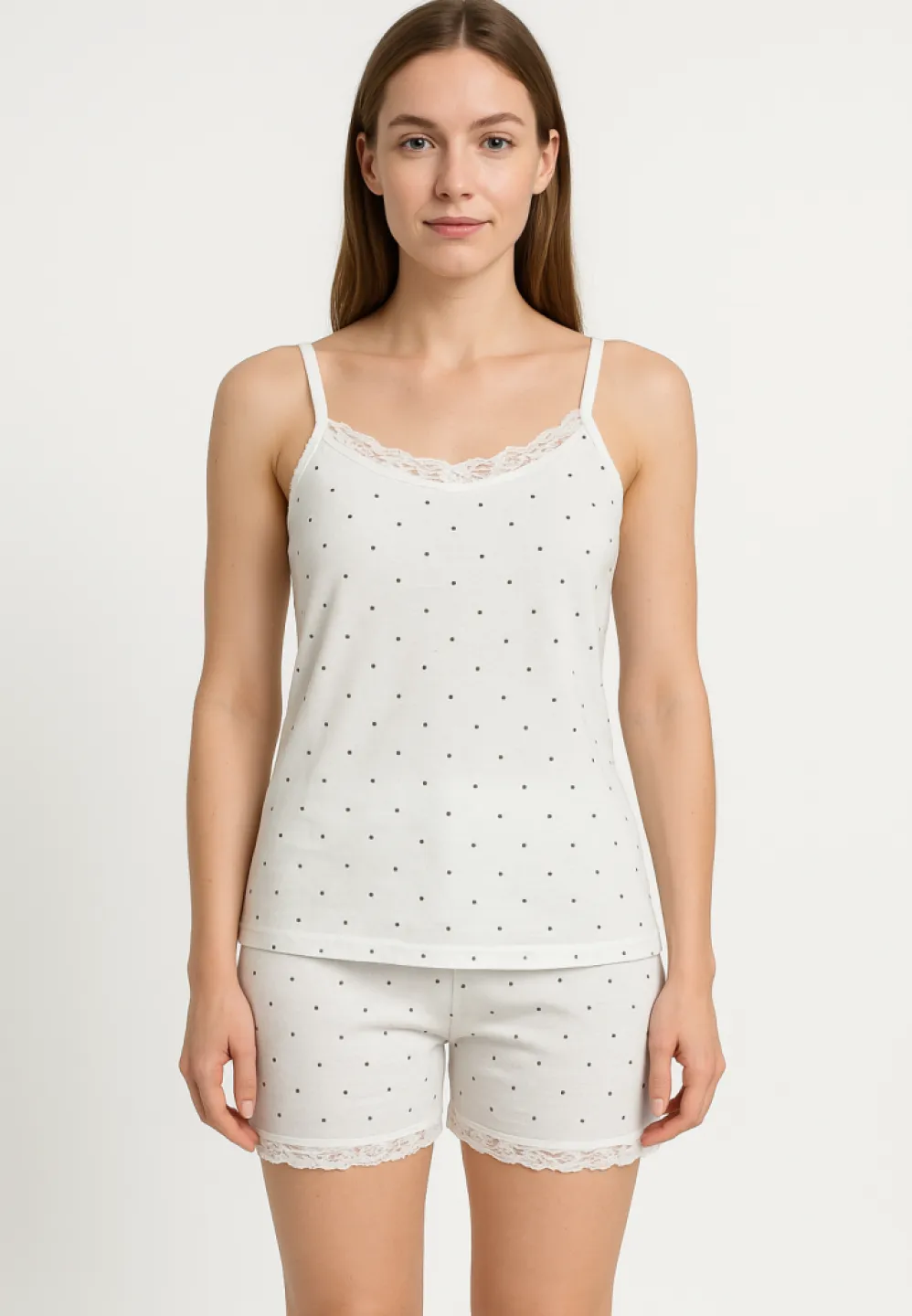 Pijama damă cu maiou delicat și short lejer cu buline - 1