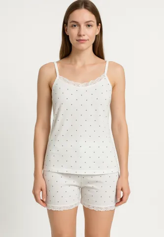 Pijama damă cu maiou delicat și short lejer cu buline