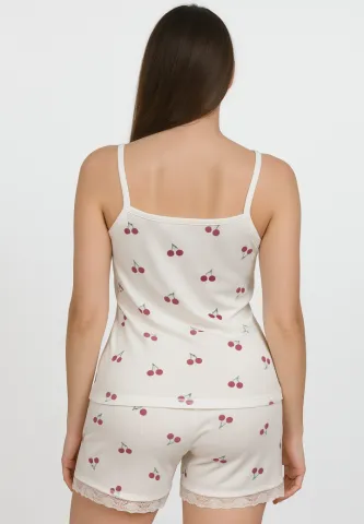 Pijama damă confortabilă cu maiou cu dantelă și short lejer imprimeu cireșe hover