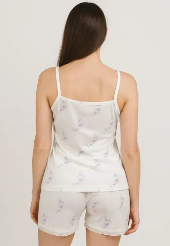 Pijama damă confortabilă cu maiou cu dantelă și short lejer imprimeu flori mov hover