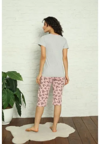 Pijama damă bumbac, set tricou + pantalon 3/4 cu ursuleți, culoare gri hover