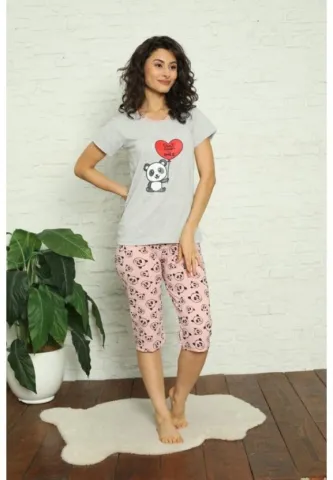 Pijama damă bumbac, set tricou + pantalon 3/4 cu ursuleți, culoare gri