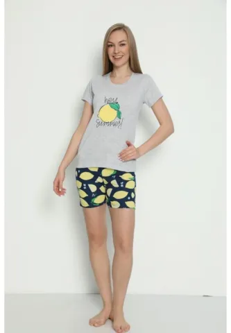 Pijama damă ușoară cu mânecă scurtă și pantaloni scurți, imprimeu Hey Summer