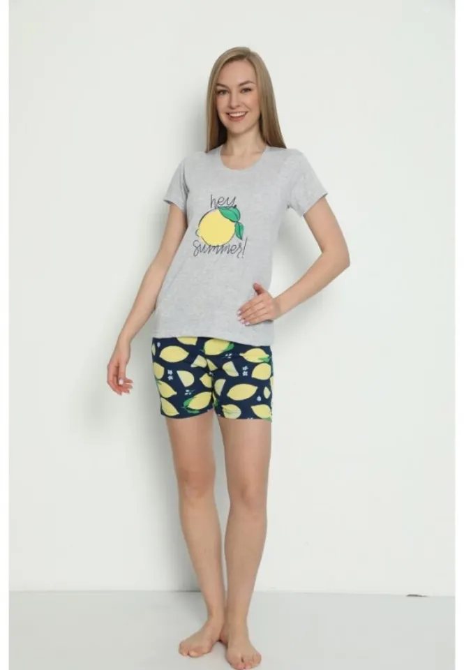 Pijama damă ușoară cu mânecă scurtă și pantaloni scurți, imprimeu Hey Summer