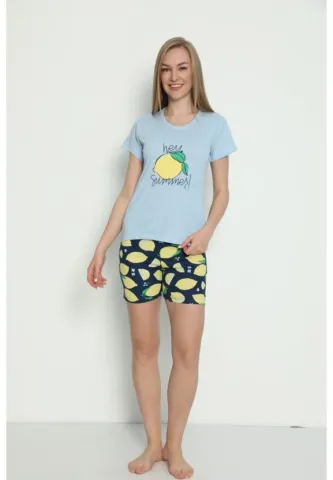 Pijama damă ușoară cu mânecă scurtă și pantaloni scurți, imprimeu Hey Summer
