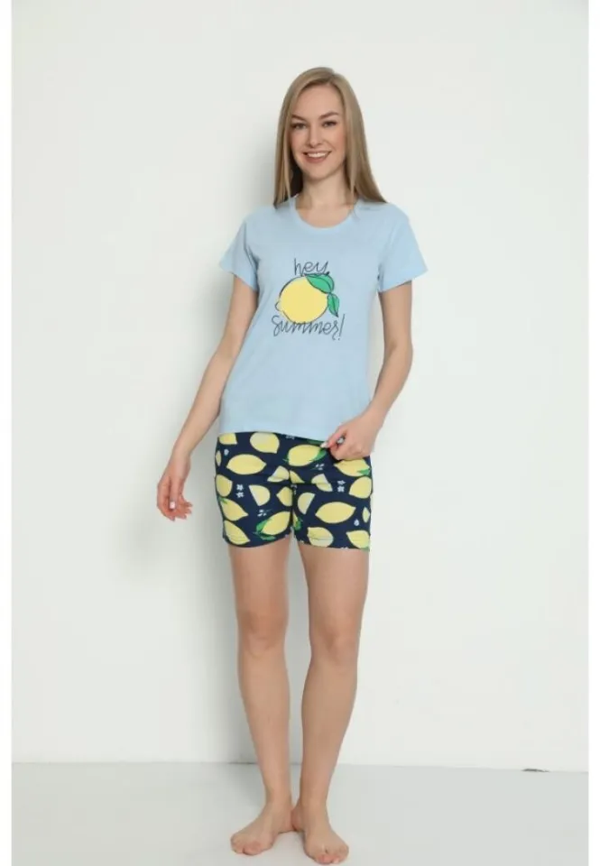Pijama damă ușoară cu mânecă scurtă și pantaloni scurți, imprimeu Hey Summer