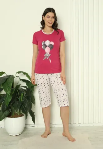 Pijama damă bumbac, tricou mâneci + pantaloni 3/4 cu imprimeu vesel baloane, fucsia hover
